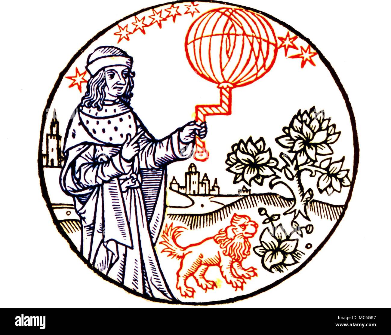 Astrologie - astrologue médiéval avec un instrument astronomique, la mesure de la sphère planétaire (symbolique). L'ordre cosmique d'étoiles, l'homme, des animaux, des plantes et des pierres sont présents. Au début du 16e siècle Banque D'Images