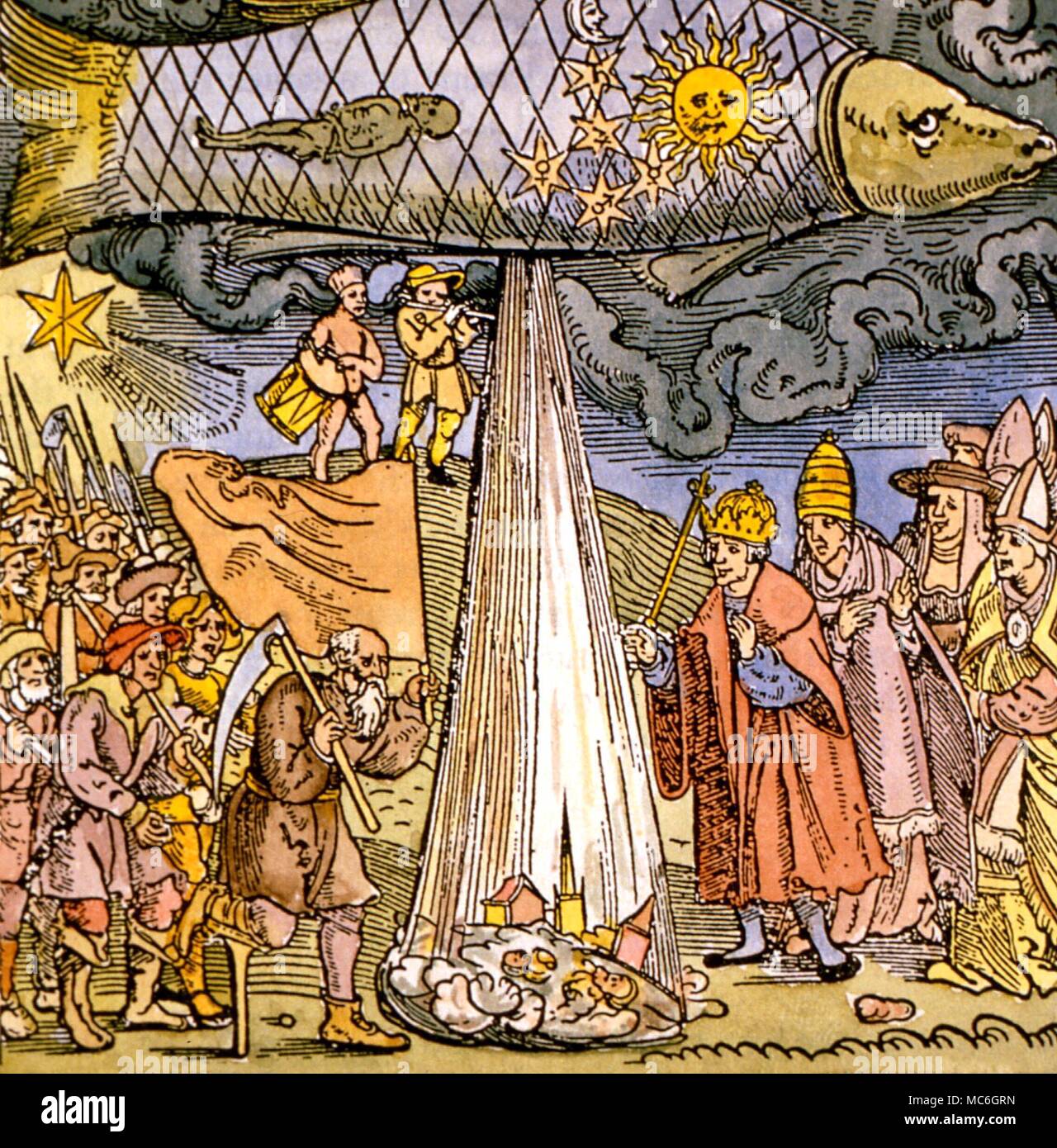 Astrologie - inondations en poissons. Gravure sur bois après Leonhard Reymann's brochure concernant l'satellitium 1524 (conjointement) dans la constellation des Poissons, et les menace d'inondation Banque D'Images