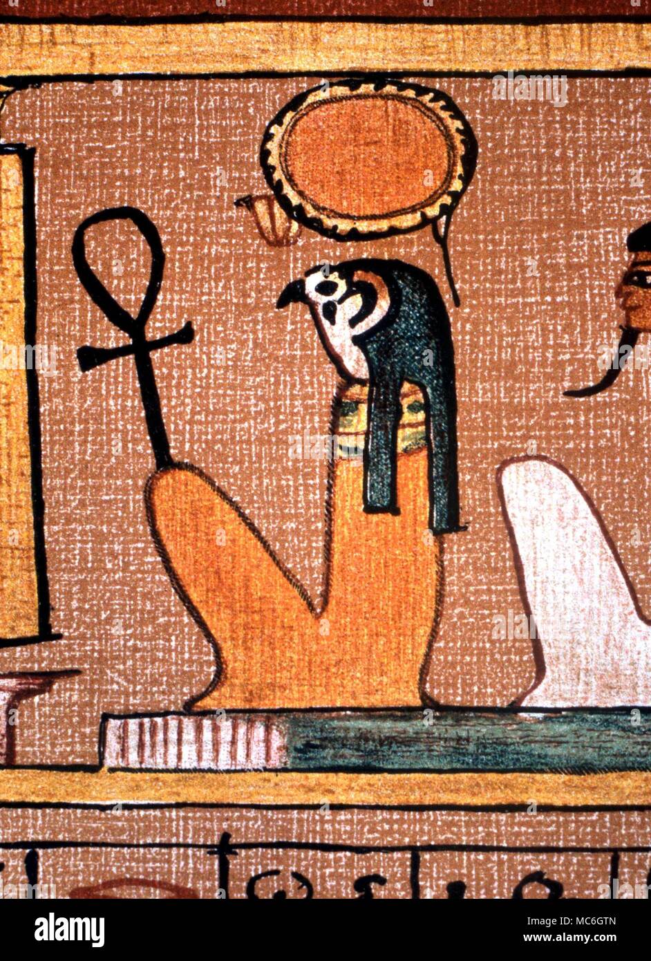 La mythologie égyptienne - ankh égyptien ancien - tenue à la main d'un dieu à tête d'Horus, à partir de la Livre des morts égyptien Banque D'Images