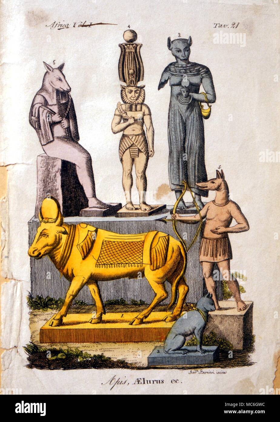 La mythologie égyptienne - Le taureau Apis Égyptien, le dieu-taureau, avec d'autres et d'autres dieux theriomorphic theriocephalic des anciens Égyptiens. À partir d'une gravure du 18ème siècle Banque D'Images