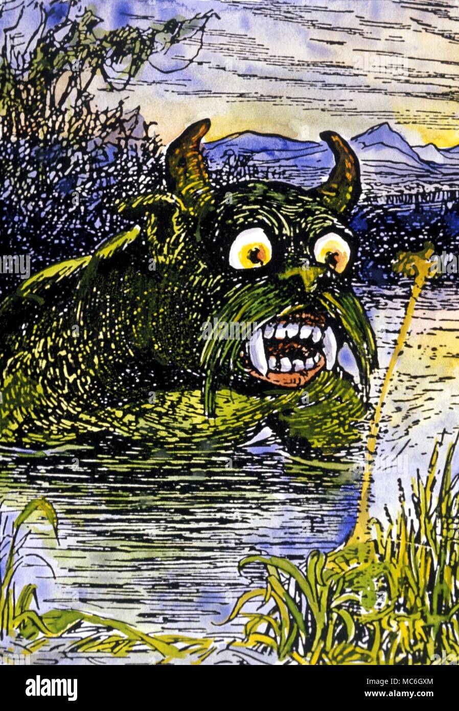 Monstres - Bunyip BUNYIP (Australian lake monster) regarder son bébé soit  enlevé par des aborigènes, qui elle rend plus tard souffrent de la  criminalité. Illustration par H J Ford à Andrew Lang's '