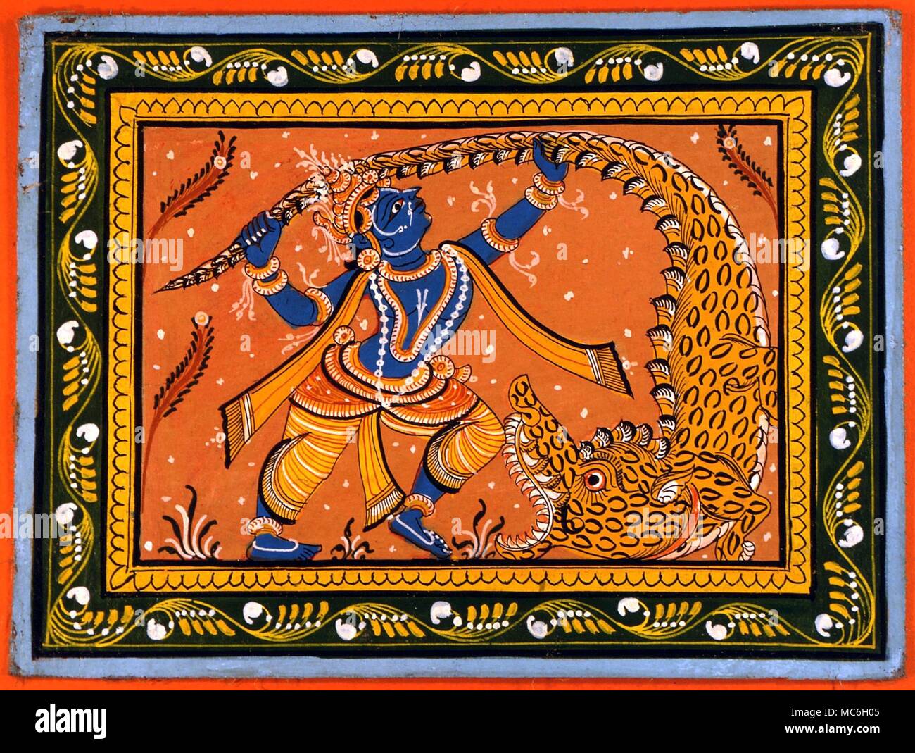 Monstres - MAKARA Le Makara (crocodile) monstre de la mythologie hindoue, attaqué par Krishna. La peinture indienne, de l'état d'Orissa. vers 1960 Banque D'Images