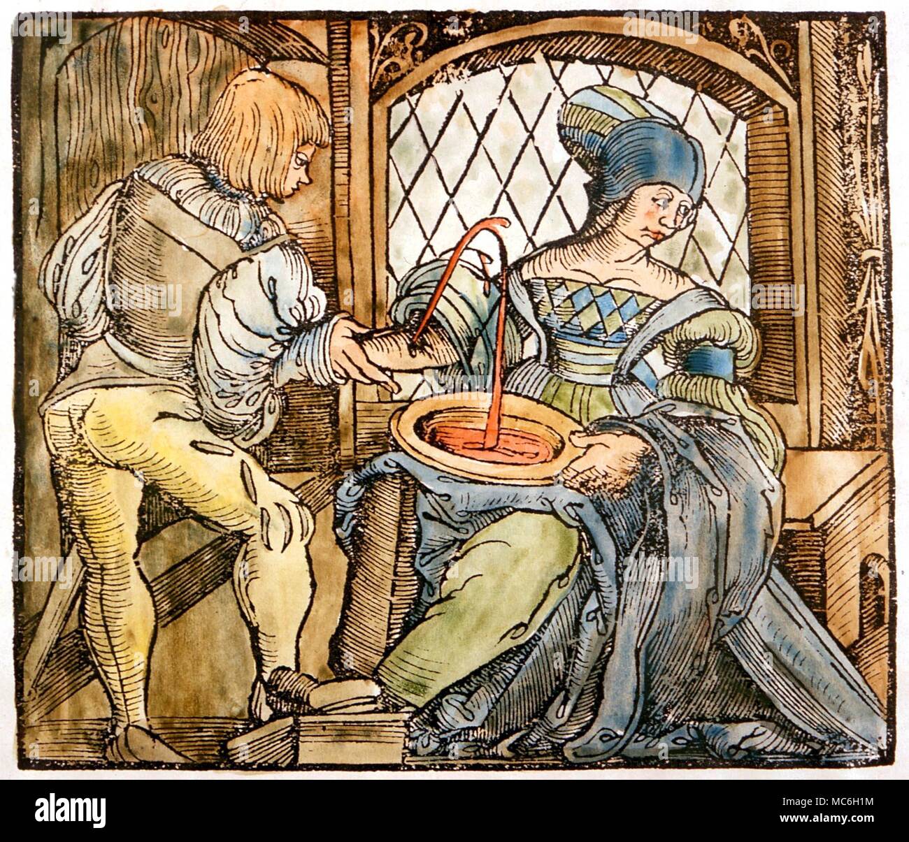 Médical - laissant le sang. Un médecin purge des avant-bras droit d'une femme. À partir de la Shepherd's Rostock de calendrier 1523 Banque D'Images
