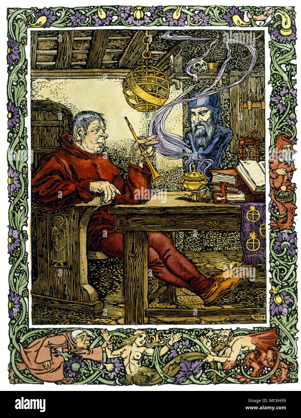 Magiciens - Friar Bacon's Head. Friar Bacon et sa tête d'airain qui parle et prédit l'avenir. imprimer de circa 1895 par Harold Nelson à 'la célèbre histoire de friteuse Bacon' Banque D'Images