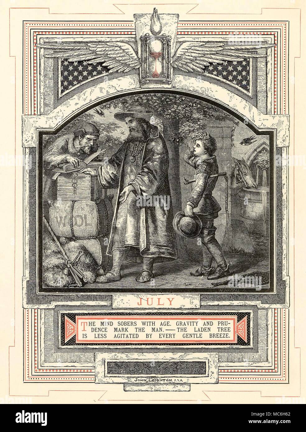 Astrologie - MOIS DE L'ANNÉE - juillet le mois de juillet, à partir de la série de John Leighton, La Vie de l'Homme, 1866. Les douze signes (dans ce cas le cancer) sont associés à chacun des mois au cours de laquelle le Soleil est dans ce signe du zodiaque. Une étape distincte dans les douze étapes de la vie de l'homme est également liée à l'image - dans ce cas, juillet est liée avec le marchand et le citoyen. Par le septième mois de l'année, l'heure à ailes-verre est à moitié vide. Remarque Le serpent caducée enlacés sur la case du haut (au-dessus de l'étang d'Aureilhan), qui est un symbole de la marine marchande. Banque D'Images