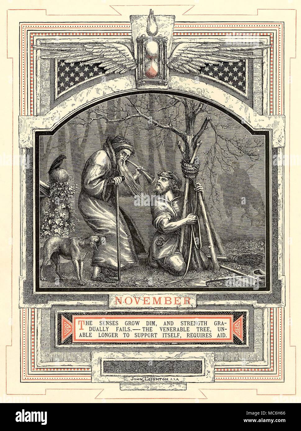 Astrologie - MOIS DE L'ANNÉE - novembre le mois de novembre, de la série par John Leighton, La Vie de l'Homme, 1866. Les douze signes (dans ce cas le Scorpion) sont associés à chacun des mois au cours de laquelle le Soleil est dans ce signe du zodiaque. Une étape distincte dans les douze étapes de la vie de l'homme est également liée à l'image - dans ce cas, novembre est liée avec la censure et l'ancien homme. Par le onzième mois de l'année, le sablier ailé est pratiquement épuisé. Le thème est de l'âge et de restriction - l'homme ne peut pas entendre, le Lierre étouffe la balustrade, les besoins des gaules supp Banque D'Images