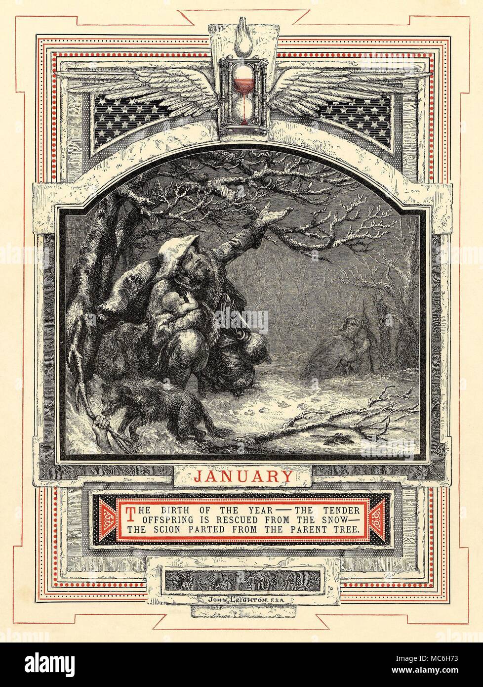 Astrologie - MOIS DE L'ANNÉE - Janvier Le mois de janvier, à partir de la série de John Leighton, La Vie de l'Homme, 1866. Les douze signes (dans ce cas, Capricorne) sont associés à chacun des mois au cours de laquelle le Soleil est dans ce signe du zodiaque. Une étape distincte dans les douze étapes de la vie de l'homme est également liée à l'image - dans ce cas, le mois de janvier est liée avec le nourrisson et Nursling. Au début de l'année, l'heure à ailes-verre est plein. Banque D'Images