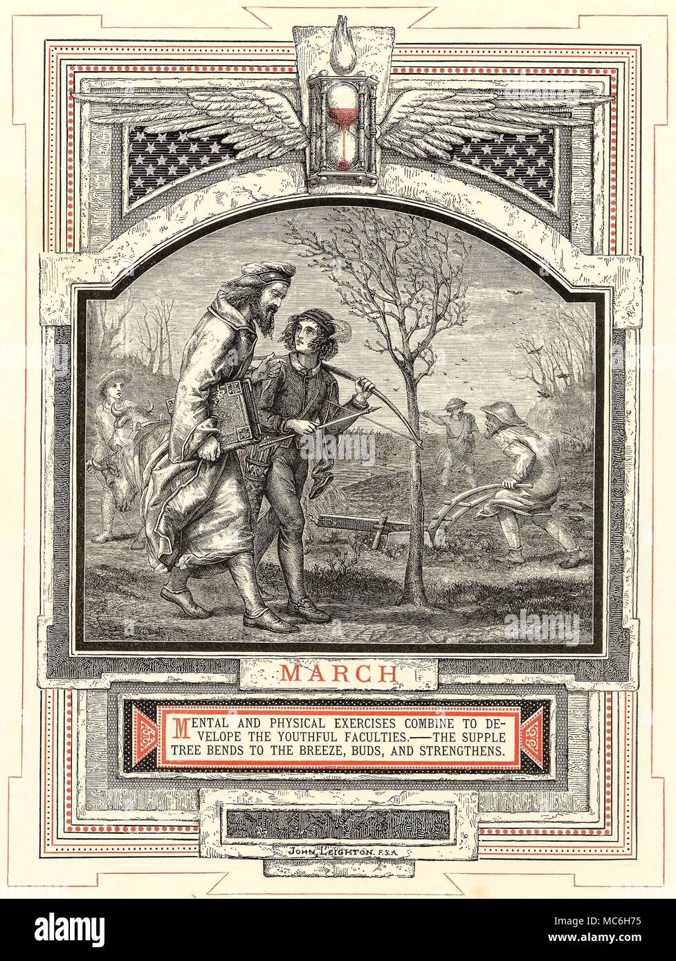 Astrologie - MOIS DE L'ANNÉE - Mars, le mois de mars, à partir de la série de John Leighton, La Vie de l'Homme, 1866. Les douze signes (dans ce cas, poisson) sont associés à chacun des mois au cours de laquelle le Soleil est dans ce signe du zodiaque. Une étape distincte dans les douze étapes de la vie de l'homme est également liée à l'image - dans ce cas, Mars est lié à la mille jeunes et apprenti. Par le troisième mois de l'année, le sablier ailé est en marche. Banque D'Images