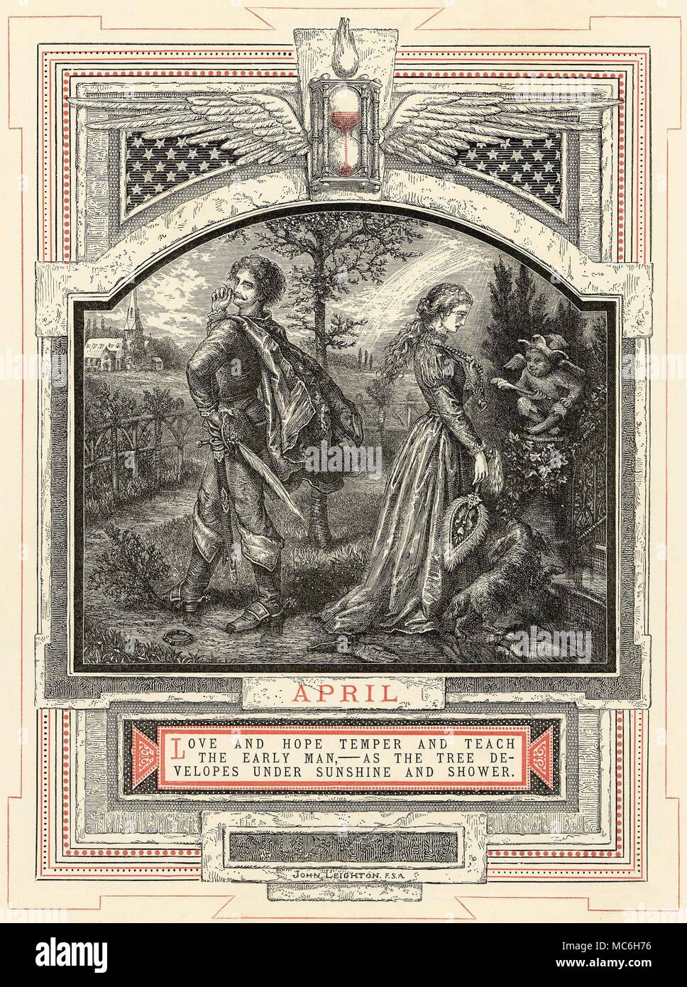 Astrologie - MOIS DE L'ANNÉE - avril le mois d'avril, de la série par John Leighton, La Vie de l'Homme, 1866. Les douze signes (dans ce cas le Bélier) sont associés à chacun des mois au cours de laquelle le Soleil est dans ce signe du zodiaque. Une étape distincte dans les douze étapes de la vie de l'homme est également liée à l'image - dans ce cas, avril est lié avec le jeune et amoureux. Par le quatrième mois de l'année, le sablier ailé fonctionne bien. Banque D'Images