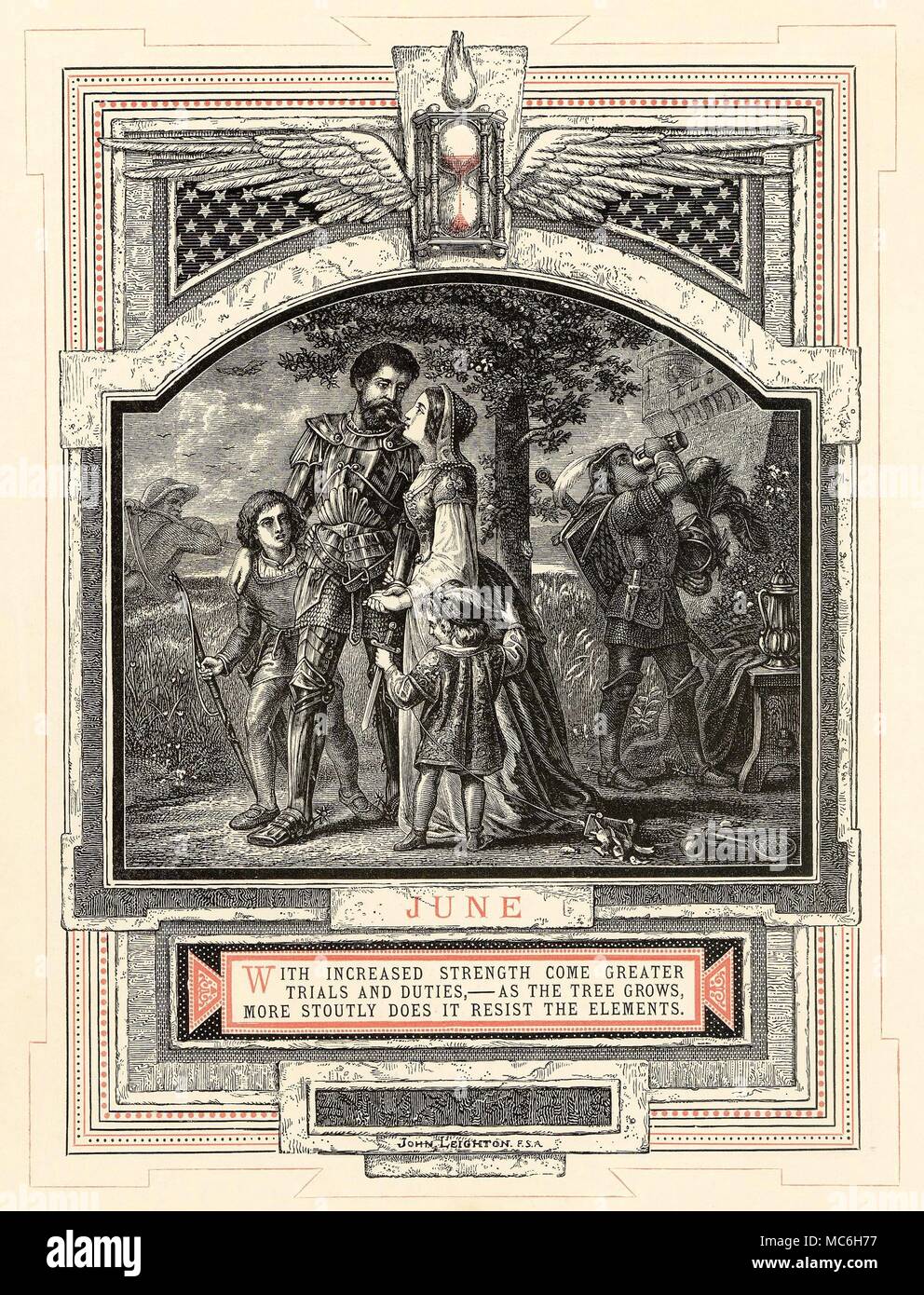 Astrologie - MOIS DE L'année - mois de juin le mois de juin, à partir de la série de John Leighton, La Vie de l'Homme, 1866. Les douze signes (dans ce cas, Gémeaux) sont associés à chacun des mois au cours de laquelle le Soleil est dans ce signe du zodiaque. Une étape distincte dans les douze étapes de la vie de l'homme est également liée à l'image - dans ce cas, Juin est liée avec le soldat et l'Aspirant. Par le sixième mois de l'année, le sablier ailé montre des signes de diminution. Banque D'Images