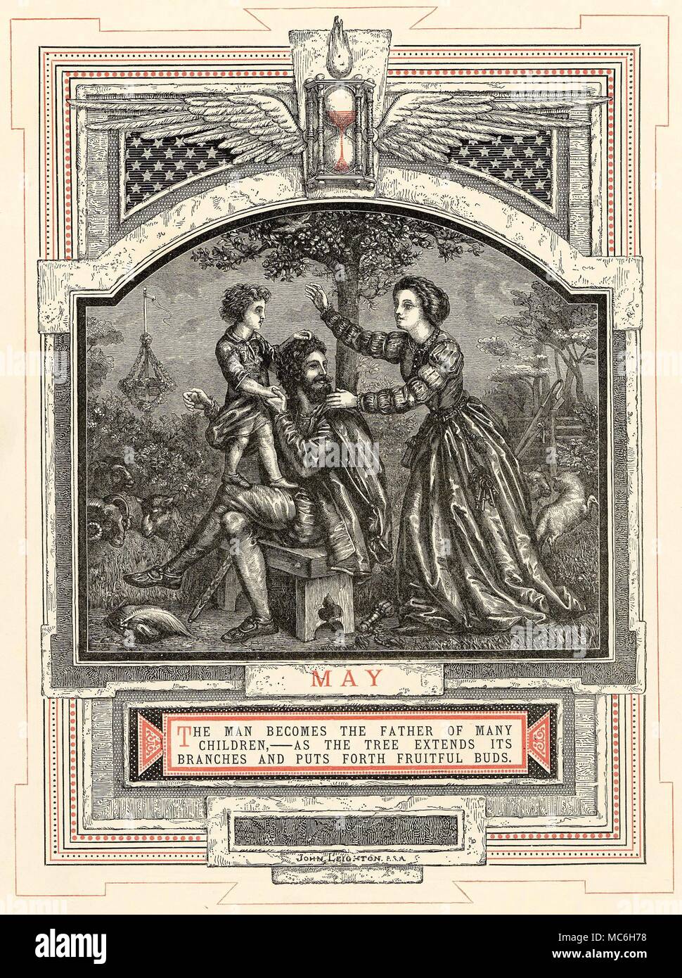 Astrologie - MOIS DE L'ANNÉE - mai le mois de mai, de la série par John Leighton, La Vie de l'Homme, 1866. Les douze signes (dans ce cas le Taureau) sont associés à chacun des mois au cours de laquelle le Soleil est dans ce signe du zodiaque. Une étape distincte dans les douze étapes de la vie de l'homme est également liée à l'image - dans ce cas, le mois de mai est liée à la "l'homme et Père'. Par le cinquième mois de l'année, le sablier ailé fonctionne bien. Remarque les signes des festivités du mois - le mât en arrière-plan, la agneaux bondissant, et ainsi de suite. Banque D'Images
