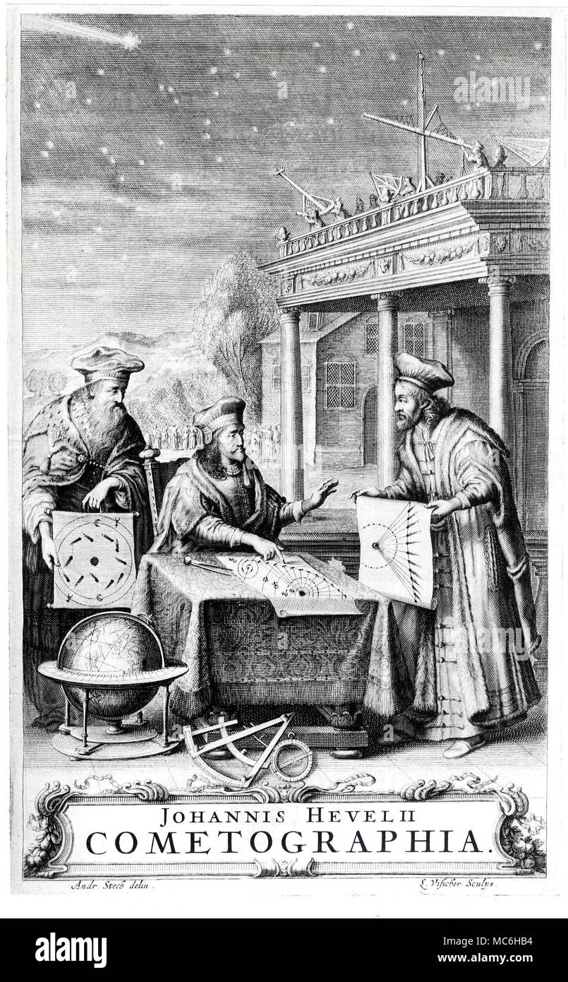 Astrologie - Les comètes Titlepage de la première étude scientifique sérieuse des comètes - Johananes Hevelius, Cometographia, 1668. Banque D'Images