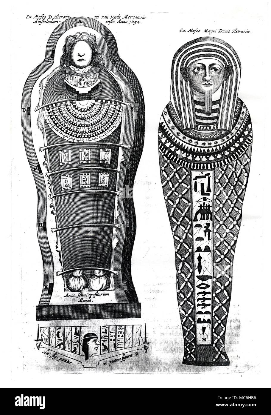 Égypte - momies momie égyptienne cas, à partir de collections européennes. Gauche, à partir de la Collection de Mercator à Amsterdam ; à droite, à partir de la Collection du Grand-duc de l'étrurie. Les deux gravures d'Athanasius Kircher, Sphinx, Mystagoga diatribe Hieroglyphica sive, 1676. Banque D'Images