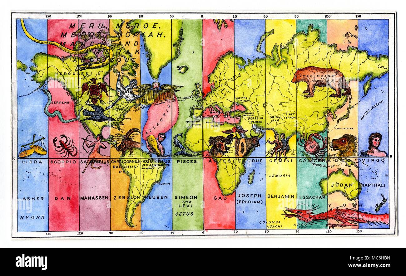 Astrologie - l'ASTRO-géographie - ATLANTIS La carte du monde divisé en 12 bandes verticales, correspondant à la longitude, avec un arrangement des signes du zodiaque, en lien avec les douze tribus d'Israël. La fabuleuse Atlantide tombe sous l'influence du Verseau et Ruben, tandis que la côte est d'Amérique tombe sous le Capricorne et Zabulon. Californie tombe sous le Sagittaire et Manassé. L'ensemble des États-Unis est sous l'influence de la constellation de la Lyre, tandis que la Russie est sous la Grande Ourse, la Grande Ourse. De P.B. Randolph, de l'âme ! L'Âme du Monde : les maisons des Banque D'Images