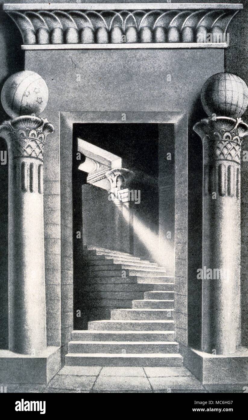 Lithographie de A.G.Mackey's Histoire de la Franc-maçonnerie. Les deux piliers (un de la masse et l'un des cieux) dans une image correspondant au deuxième degré de la maçonnerie. Banque D'Images