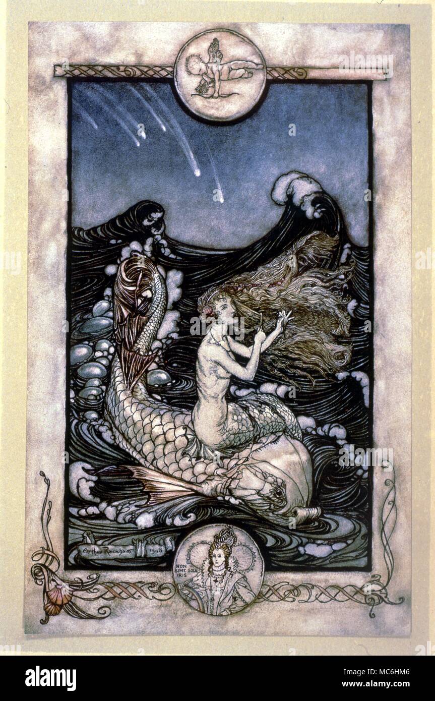 Mermaid équitation un poisson. Illustration par Arthur Rackham pour la pièce de Shakespeare "Le Songe d'une nuit''. 1908' Banque D'Images
