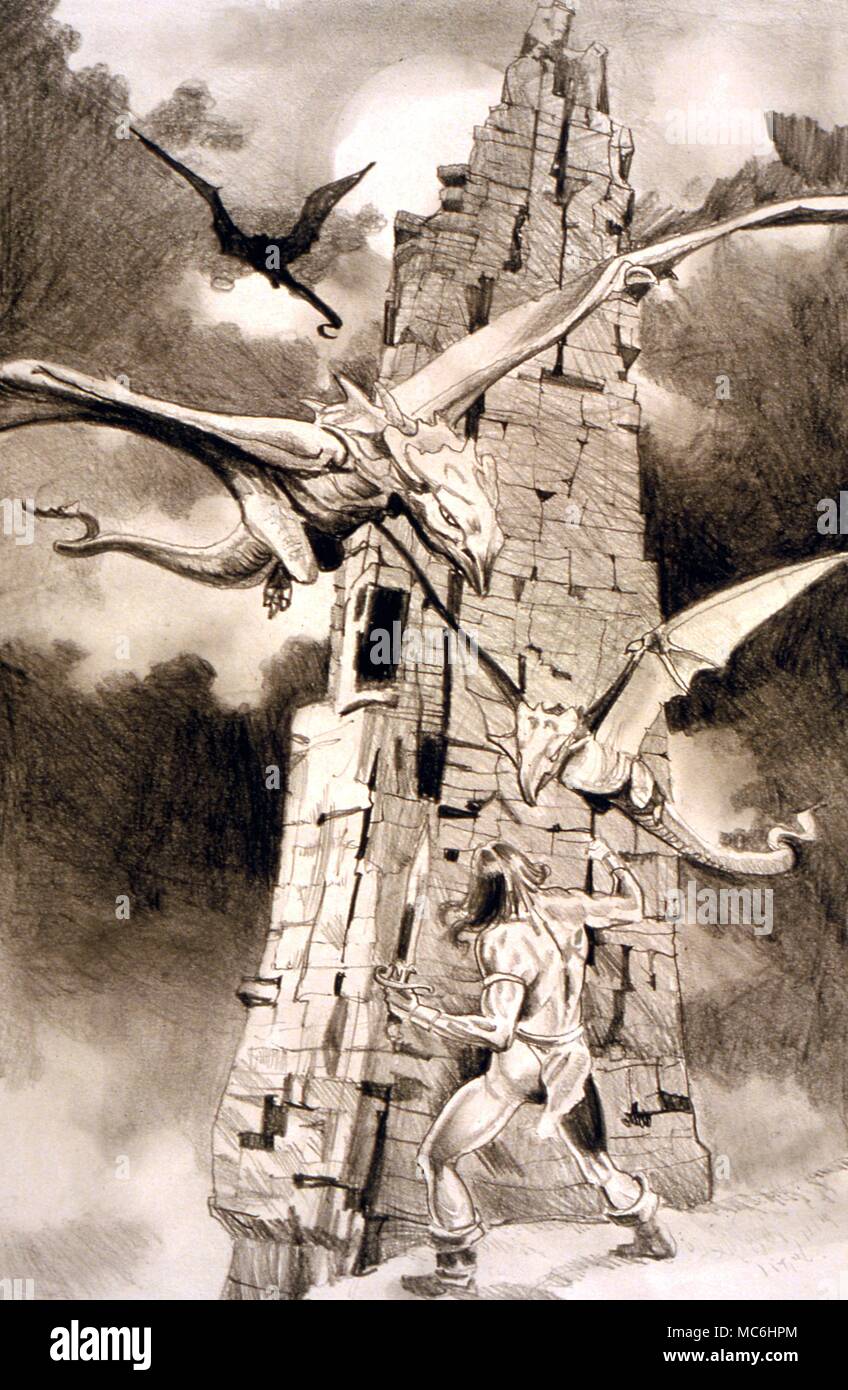 Des monstres. Héros auxquels les oiseaux monstrueux, appelé la mort Rock. Dessin d'un cahier de l'artiste, Gordon Wain.1990 Banque D'Images