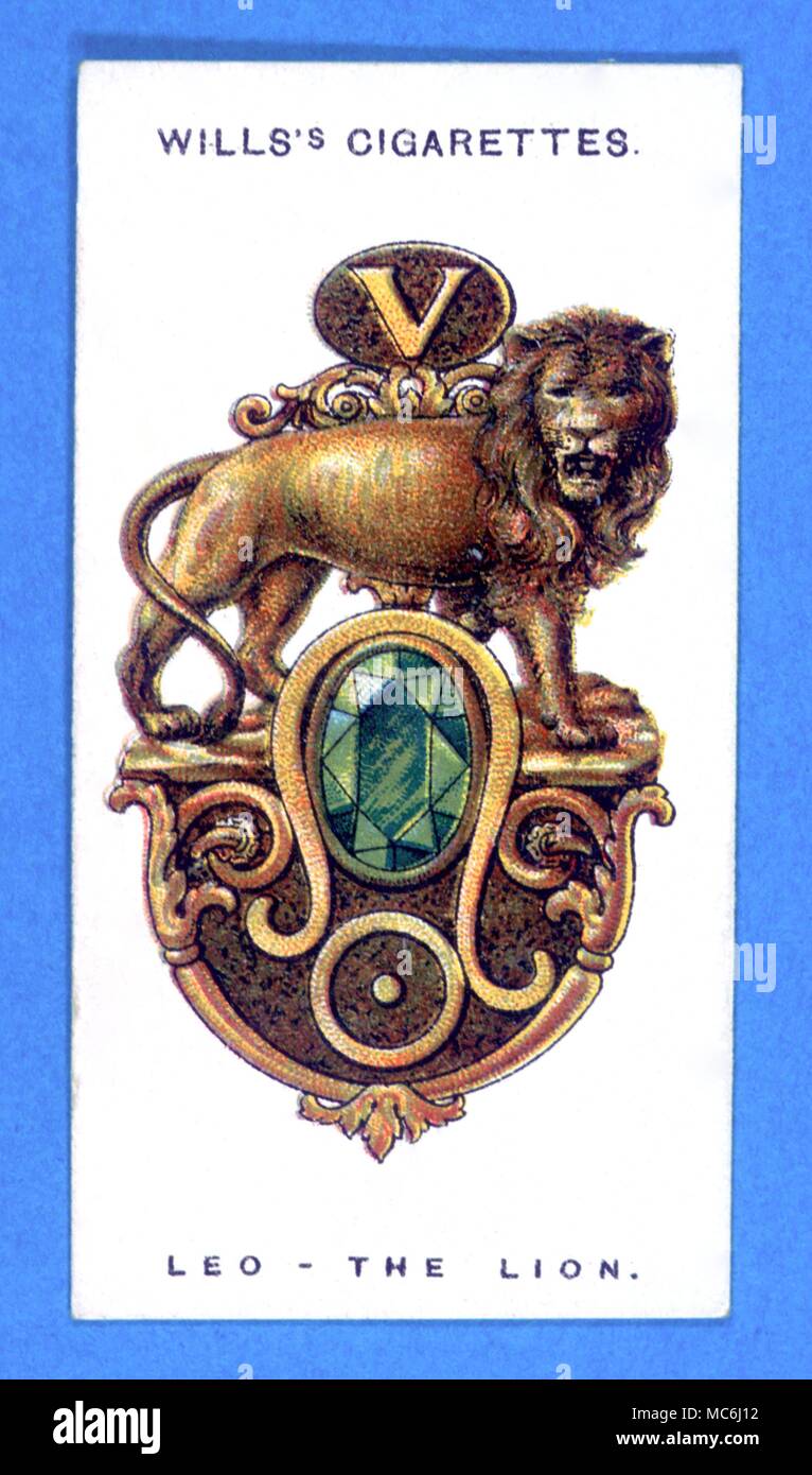 Les signes du zodiaque Lion carte Cigarette série de Leo le Lion et l'associé de la gem le Péridot Banque D'Images