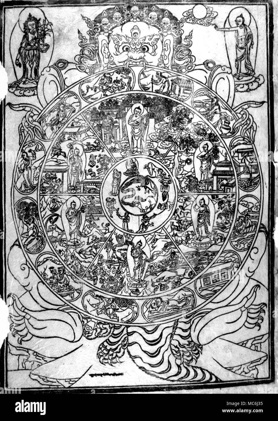 Les mandalas Mandala bouddhique avec Mara afficher les six régions roue de la vie tibétaine frottage Pierre Banque D'Images