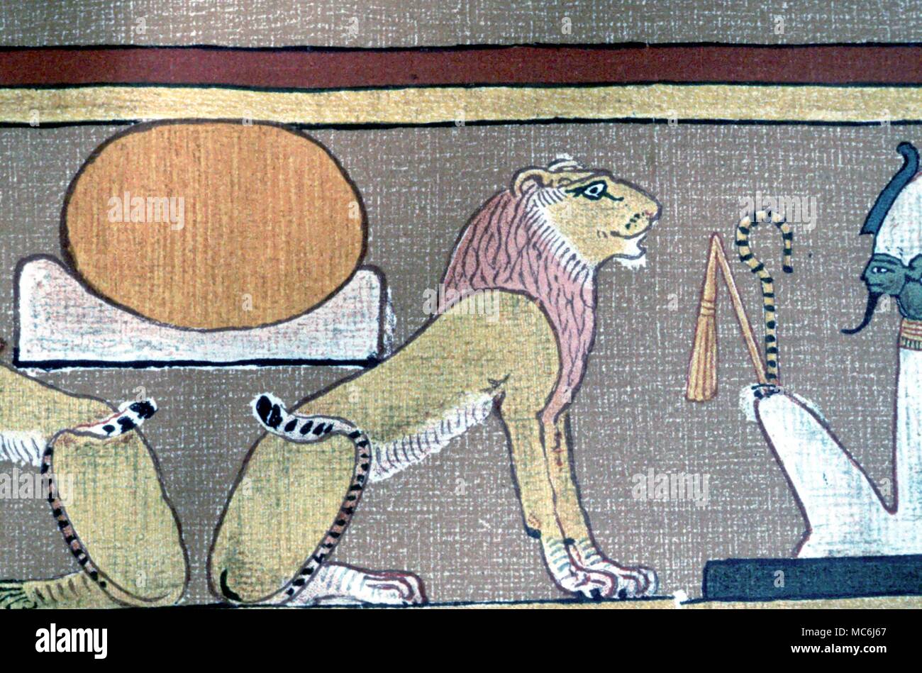 Lion Lion sur un papyrus égyptien du Livre des morts égyptien Banque D'Images
