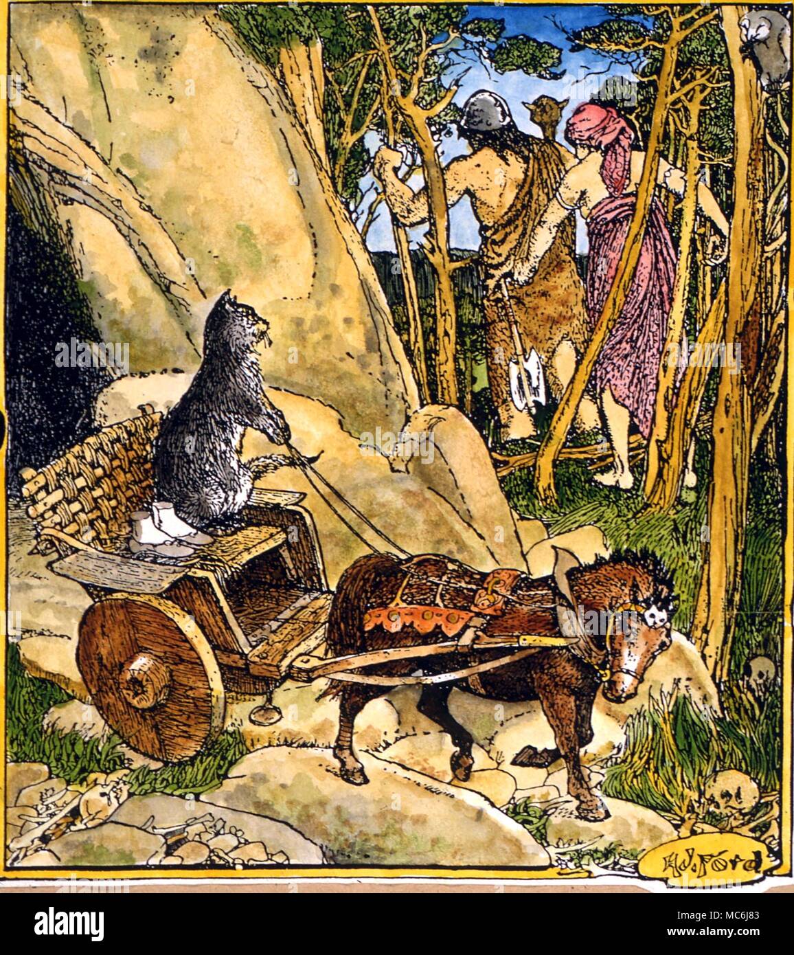 Contes - kisa le chat fait sortir l'Ingibjorg pieds de la grotte du géant. Illustration par H J Ford pour 'Kisa le chat', de Andrew Lang's 'Livre de fée brune, 1930 Banque D'Images