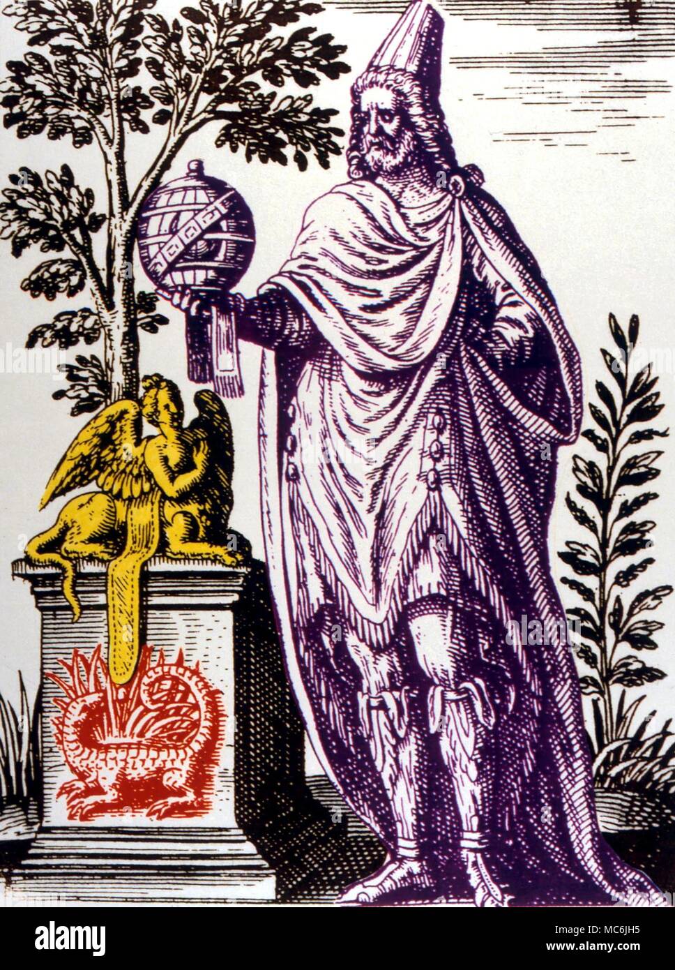 Occultistes - APOLLONIOS DE TYANE. Portrait d'Apollonios de Tyane, avec droit de salamandre (rouge) et le sphinx (jaune). Après Jacques Boissard's 'De la divination et Magicis'. Banque D'Images