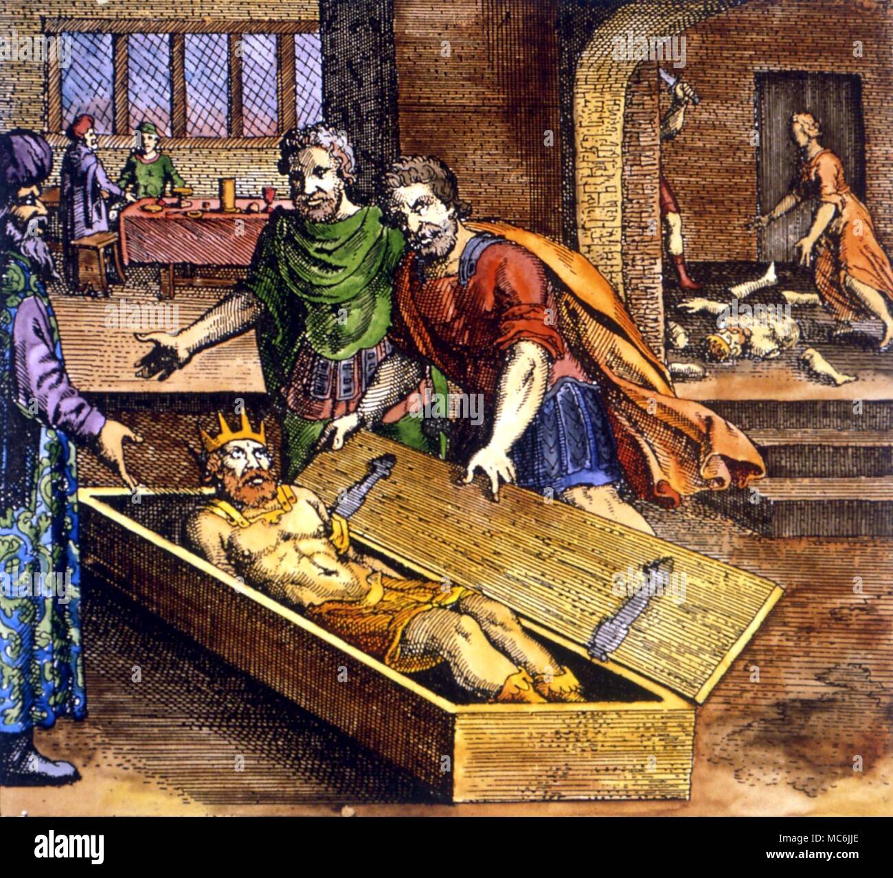 ALCHEMY - ROI ENSEMBLE ÉMERGENTS. Le roi (qui a été coupé en plusieurs morceaux, selon le mythe d'Osiris) est remonté par Isis. XLIV emblème de Michael Maier, Atalanta Fugiens'. 1618 Banque D'Images