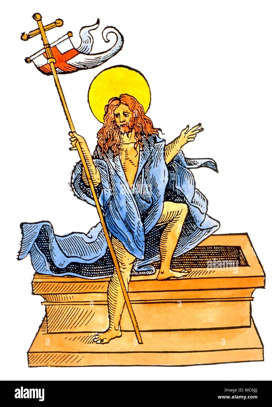 ALCHEMY - Christ ressuscité. Fig. du Christ ressuscité à partir de l'édition 1550 du Rosarium Philosophorum, l'un des plus importants de textes alchimiques de l'époque. Le sarcophage dans les illustrations de la série antérieure Banque D'Images