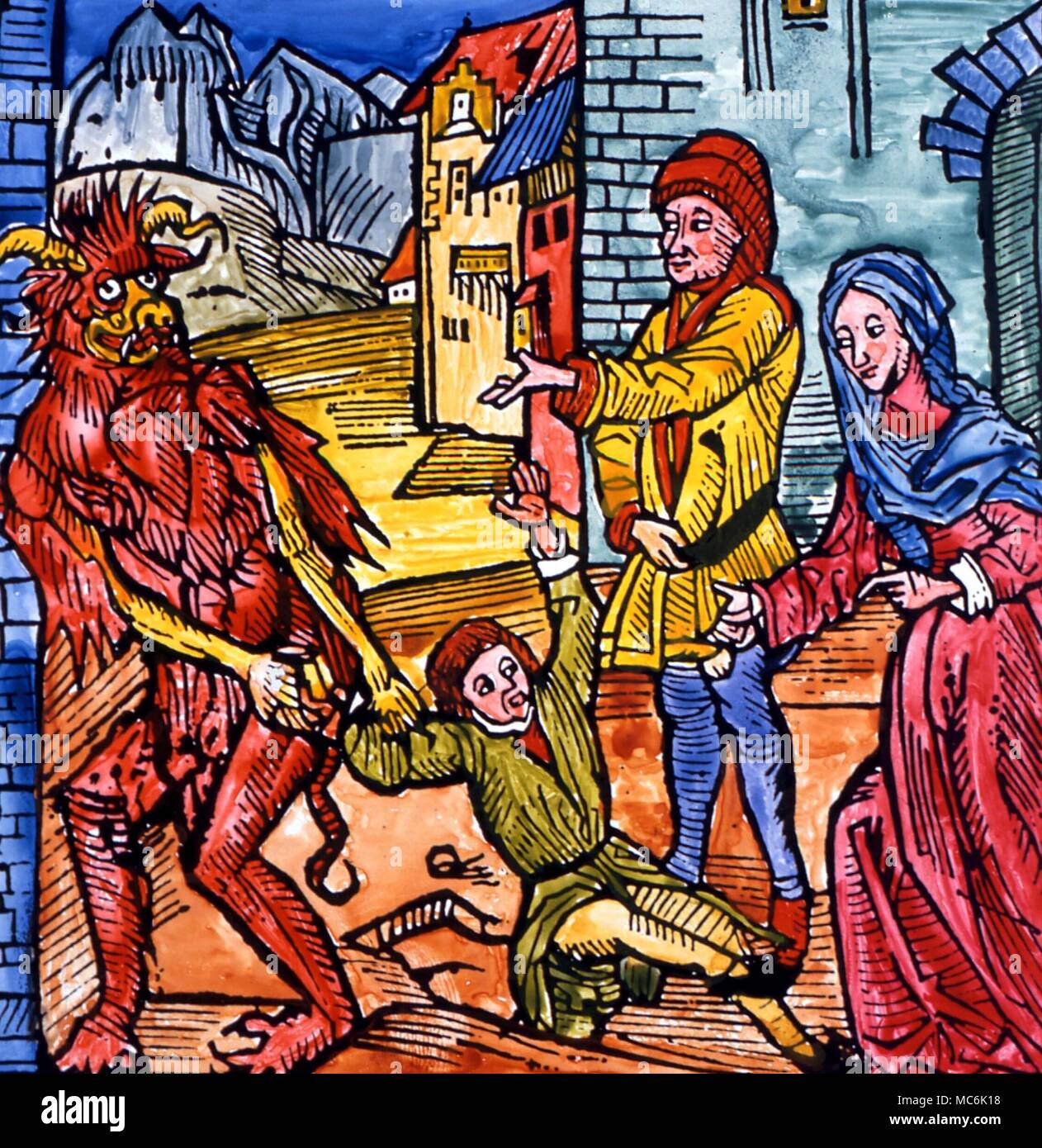 Démons - Démon faisant glisser sur un enfant dans son service diabolique, ayant payé ses parents pour ce privilège. À la main, après une série d'impression par Albrecht Durer Banque D'Images