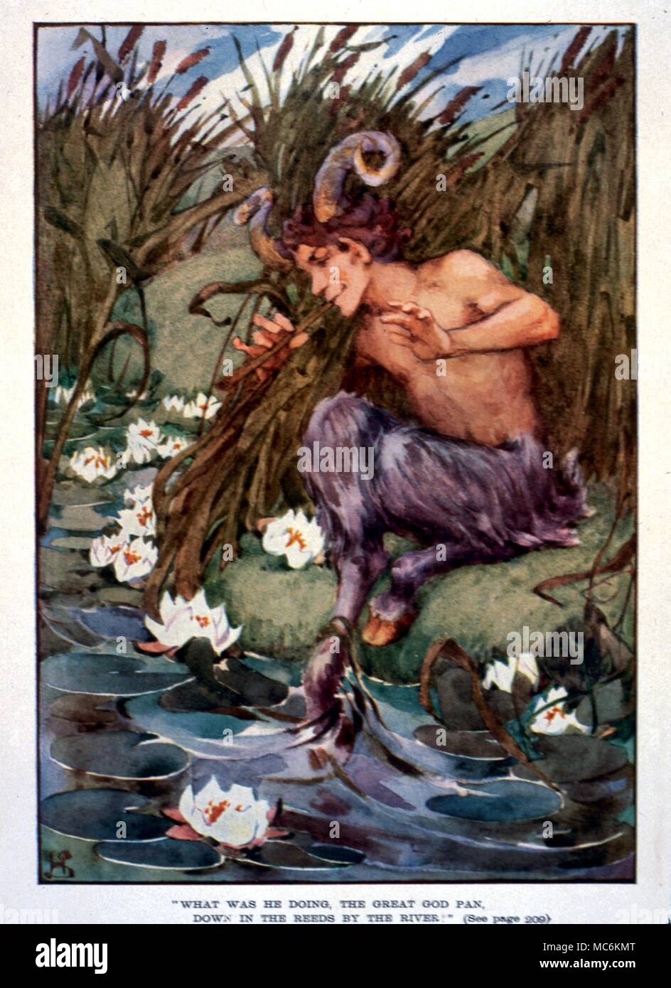 La mythologie grecque - le Grand Dieu Pan. 'Qu'est-ce qu'il fait, le grand dieu Pan, en baisse dans les roseaux de la rivière ?" Illustration par Helen Stratton, 1915 pour "un livre de mythes'. Banque D'Images