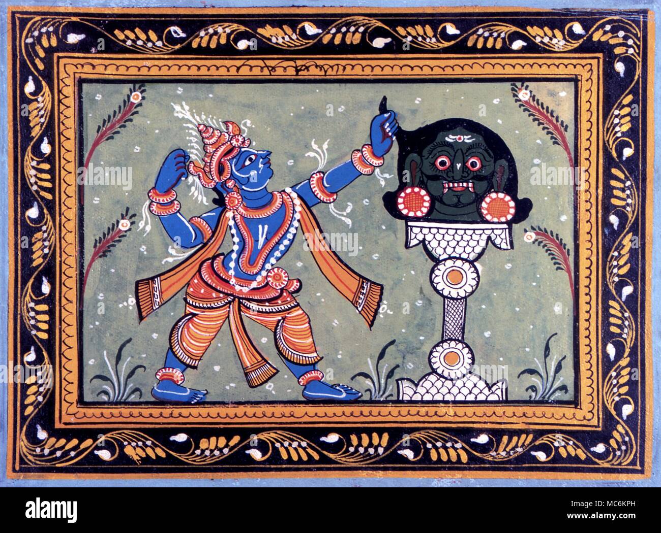 La mythologie Hindoue. Modern (milieu du siècle) gouache du dieu hindou Krishna, avec le pilier démon. Banque D'Images
