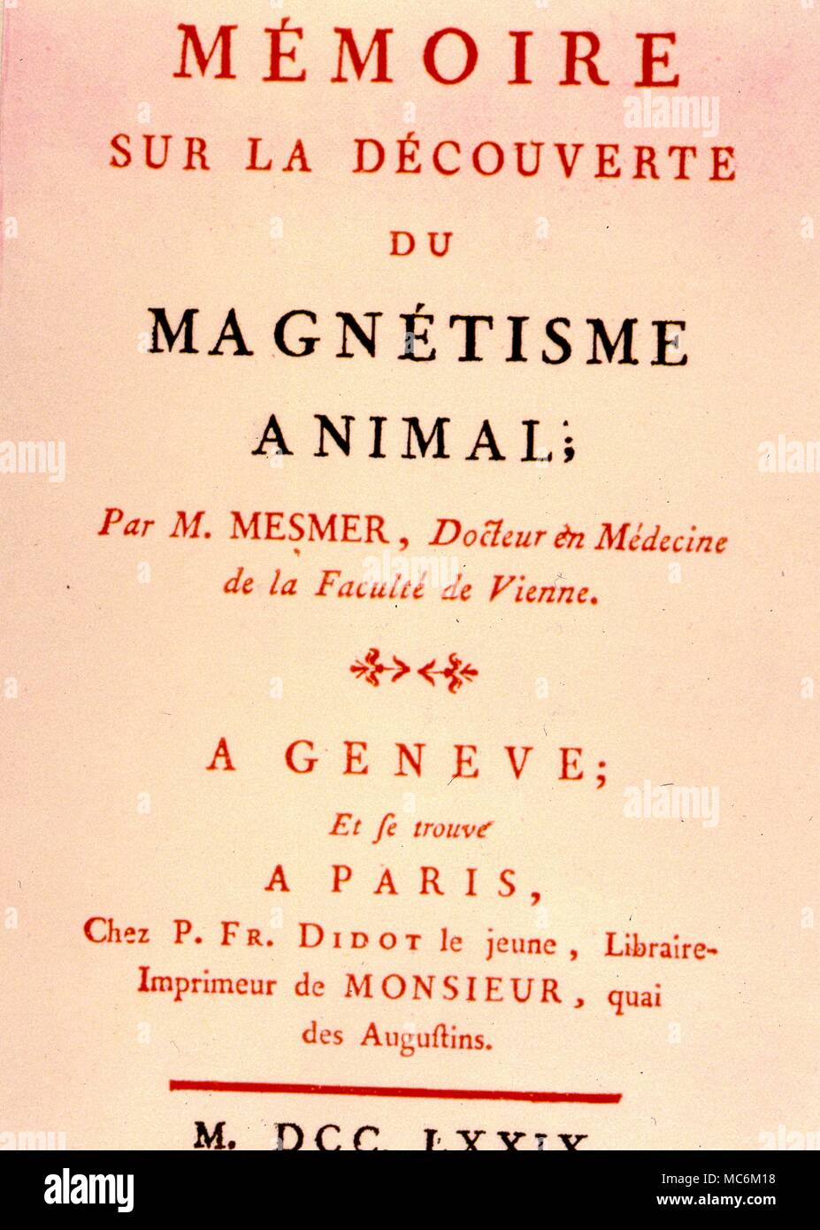 L'hypnotisme - Envoûteur Titlepage de Mesmer's livre séminal sur l'hypnotisme et magnétisme animal, publié en 1779 Banque D'Images