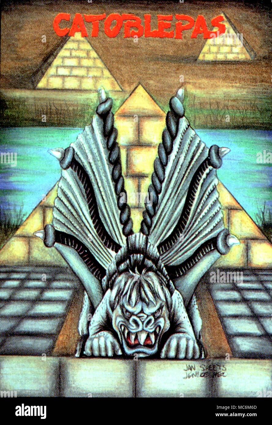 Catoblepas monstres un animal hybride avec corps de tête de buffle de porcs sauvages et des ailes de dragon. Son regard devient la victime du monstre de pierre dans ma poche série copyright 1991 Morrison Entertainment Group Banque D'Images