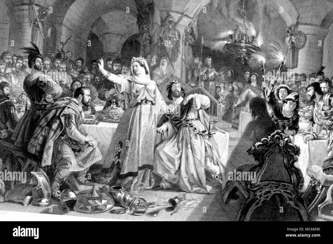 Entreprise - La scène du banquet dans 'Macbeth'. Gravure de 1879 par CW Sharpe après la peinture de Maclise. Banque D'Images