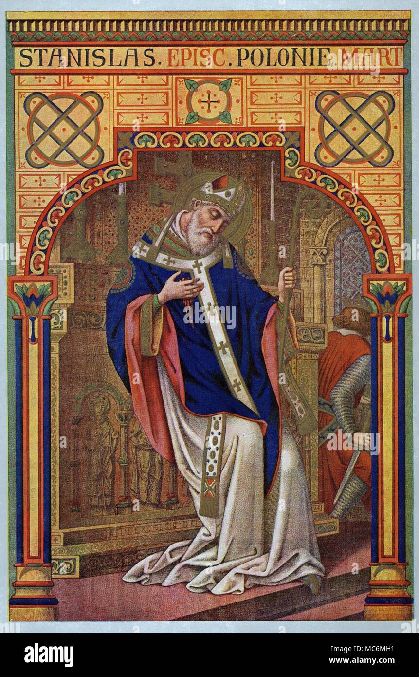 Les saints - Stanislas de Cracovie, saint Stanislas est né d'une famille à nole Szczepanow, en Pologne, en 1010, et fut consacré évêque de Cracovie à l'âge de 62 ans. Le roi Boleslas II commis de nombreux actes d'injustice, pour lequel Stanislas lui a excommunié. Lorsque, en dépit de cela, le roi est entré dans l'église pendant un service, Stanislas a annulé la procédure. En réponse, le Roi l'a tué, en poussant une épée dans sa poitrine. Cette image représente le Saint, mourir dans l'église, avec Boleslas s'enfuir. Il est saint patron de la Pologne. Imprimer processus, d'Alban Butler, et la vie de la F Banque D'Images