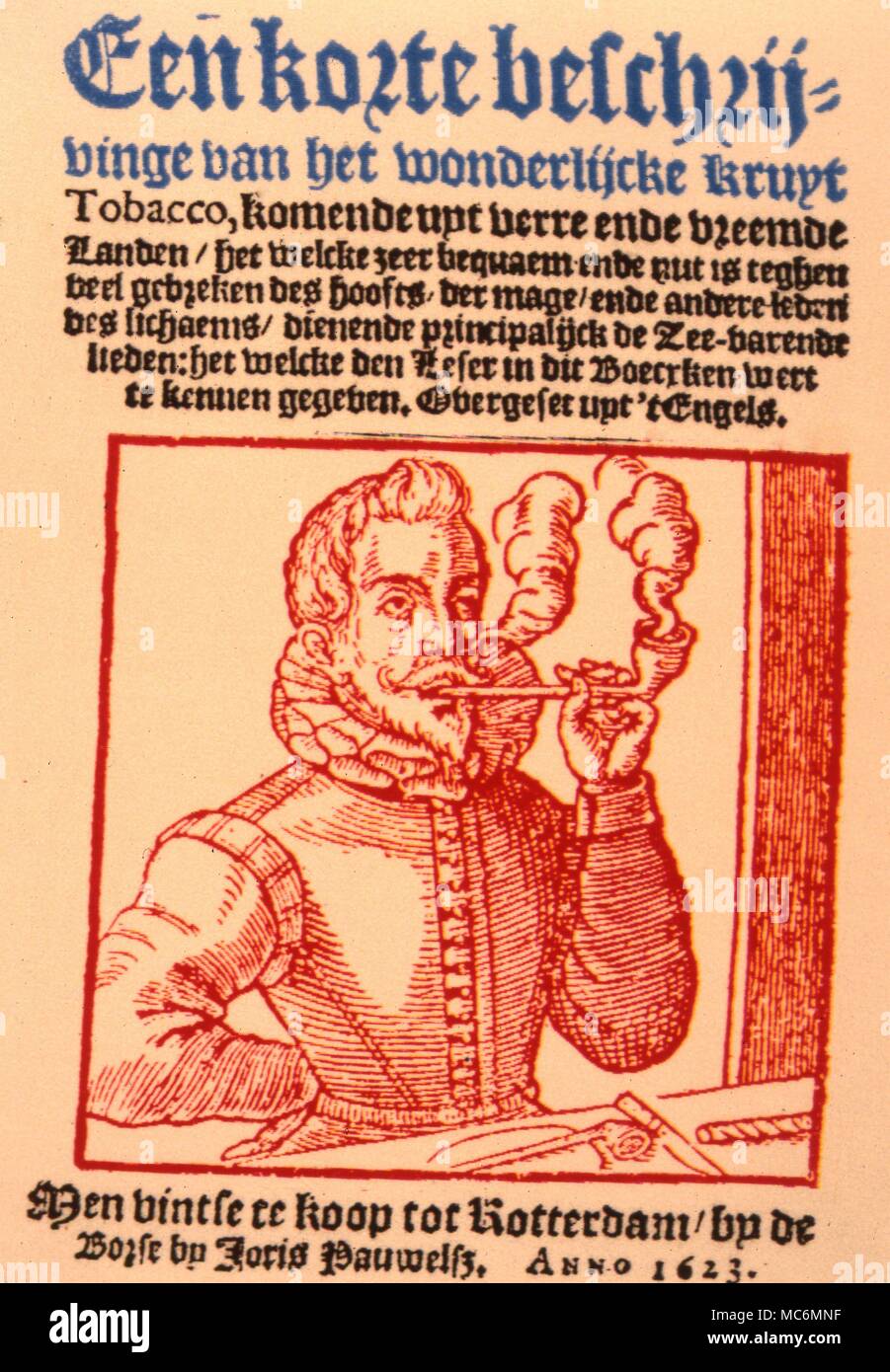 Les tisanes, le tabac, l'une des premières gravures sur bois montrant un homme fumer du tabac en date du 1623. Banque D'Images