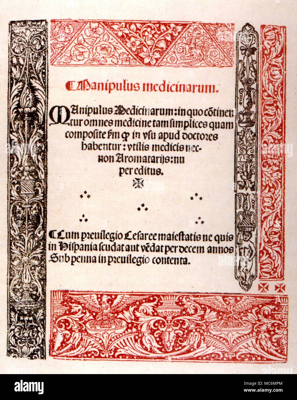 Medical. Page de titre de Fernando de Sepulvleda «anipulus Medicinarum de''contenant des recettes pour les médecins et les apothicaires. Salamanque 1523' Banque D'Images