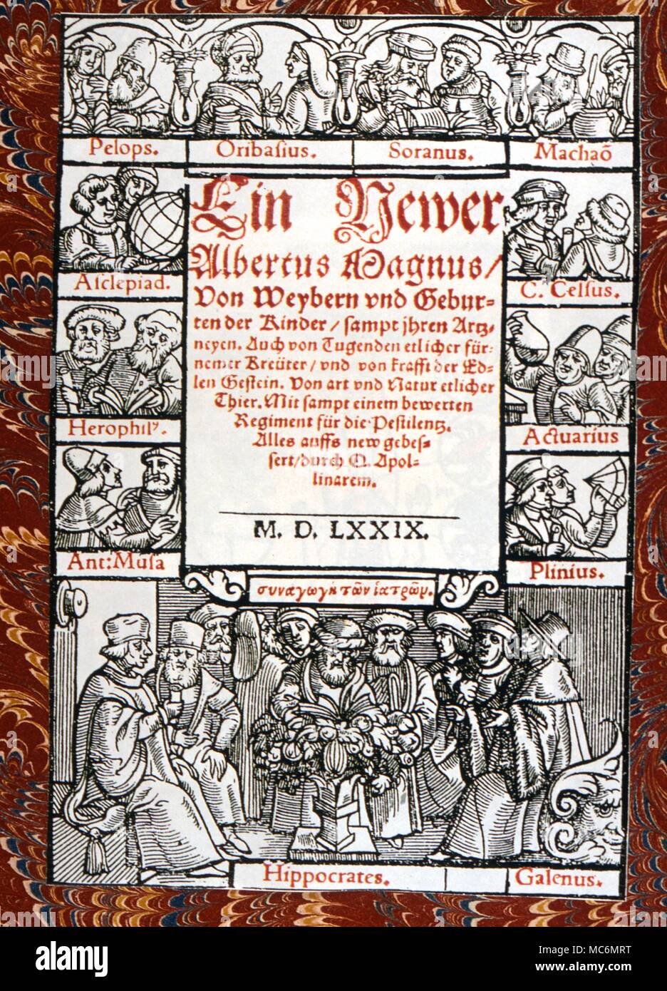 Medical. Page de titre d'un livre allemand sur les problèmes des femmes et l'accouchement par Albertus Magnus. 1579 Banque D'Images