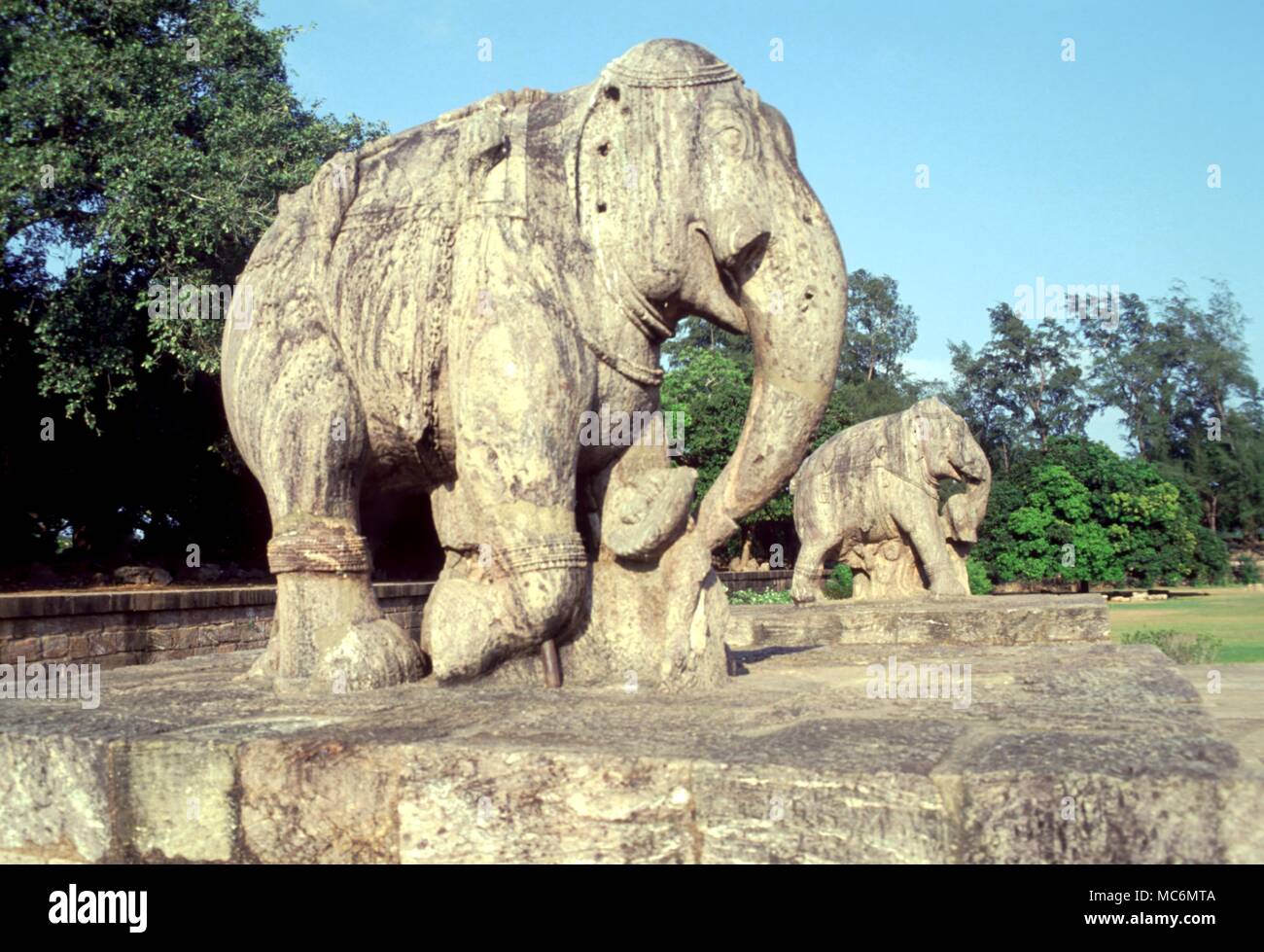 Les chiffres du géant éléphants éléphants sacrés dans le temenos du grand temple de Konarak, Suraya à l'Inde. Banque D'Images