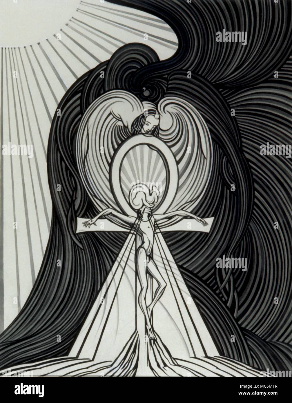 - Symboles de l'Art occulte - mythologie égyptienne Ankh - grande illustration monochrome, le manteau de Set, (vers 1950), représentant l'équivalent égyptien du Diable crucifié sur une croix ankh. Comme le suggère l'illustration, le royaume de l'ensemble est éclairé l'obscurité - la zone solaire est gouverné par son frère, Osiris. Banque D'Images