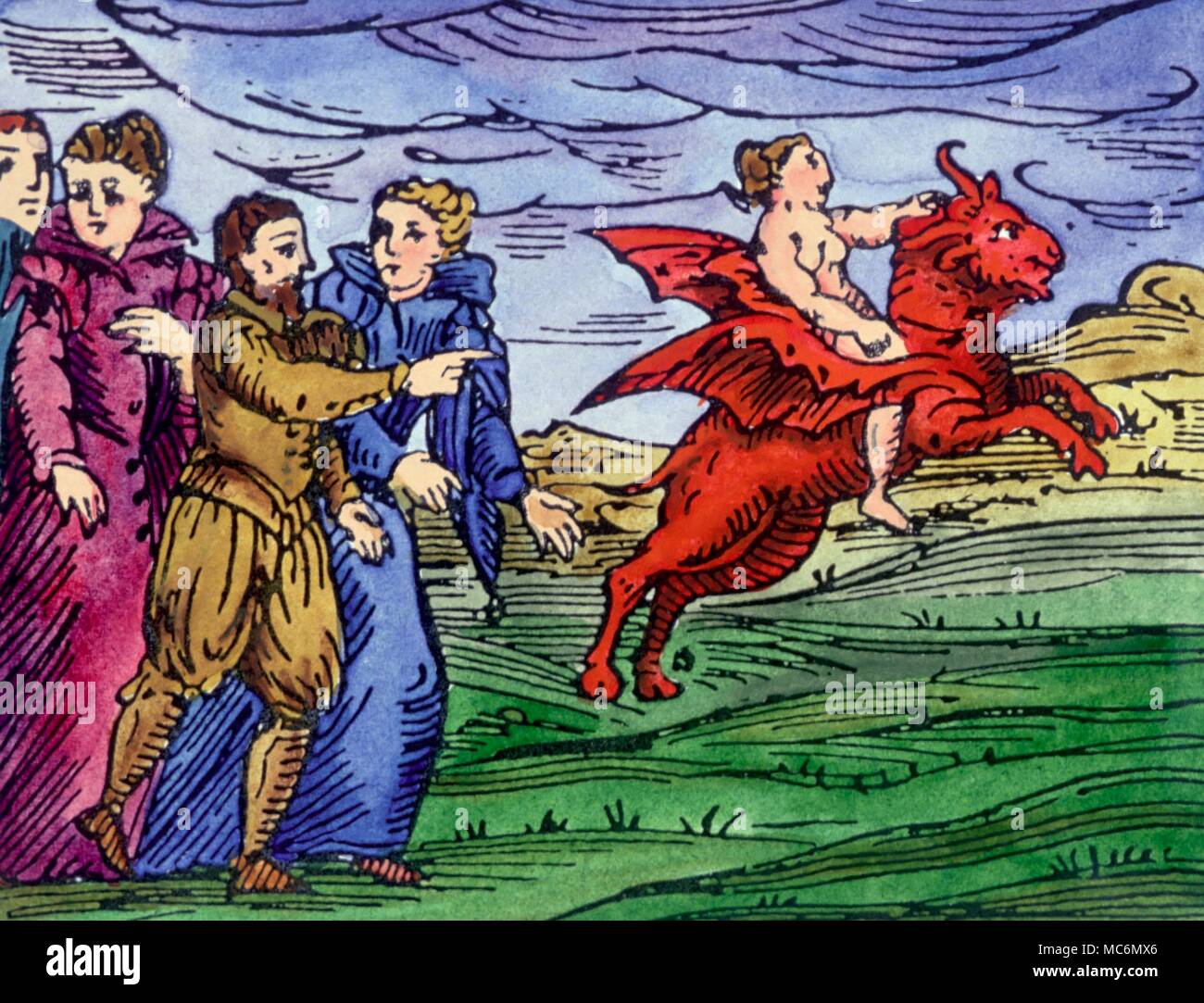 Transvection sorcière volant par l'air sur le dos d'une chèvre. Plaque de l'édition 1608 de F.M. Guazzo's Compendium Maleficarum. Banque D'Images