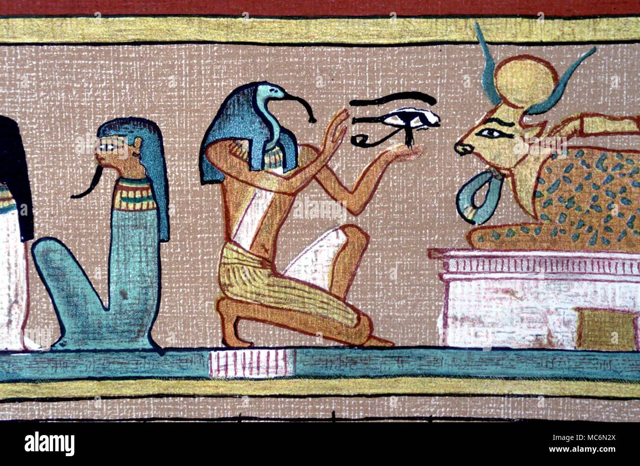 Mythe égyptien Thoth - oeil avec le dieu Thot, sacré avec oeil d'Horus. Cet Œil est une forme précoce du troisième Œil de la littérature ésotérique. Du papyrus d'Hunefer le 'Livre des morts égyptien" (Budge édition lithographique). Banque D'Images