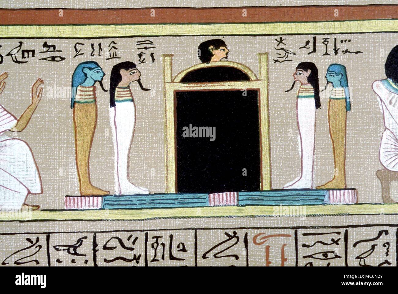 Mythe égyptien - Osiris dans le tombeau du dieu Osiris dans le tombeau, gardé par les quatre fils d'Horus. C'est typique de l'image resurrectional à partir de l'ouverture des mystères. Du papyrus d'Hunefer le 'Livre des morts égyptien" Banque D'Images