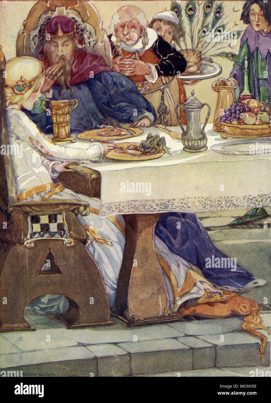 Contes Le prince grenouille La grenouille semblait savourer son dîner mais chaque peu la fille du roi, mangeaient presque étouffé son illustration par Anne Anderson pour l'édition 1933 Le prince grenouille Banque D'Images