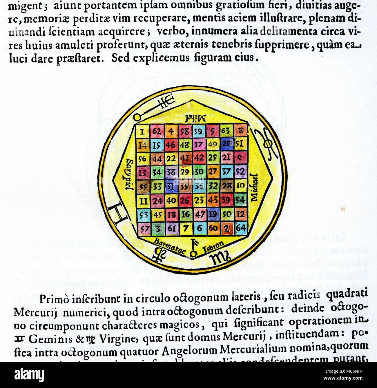 Le carré magique de Mercure. Gravure sur bois d'Athansius Kircher, 'Œdipus Ægyptiacus' [Universalais Hieroglyphicae], 1652. Banque D'Images