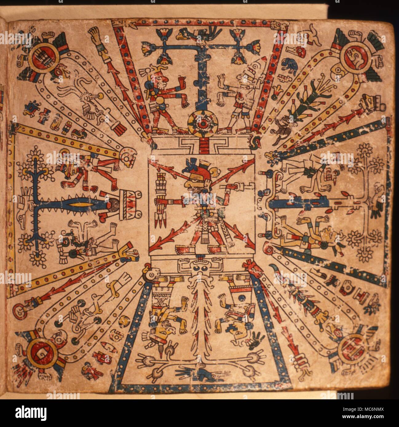 Le feu-dieu du panthéon aztèque nourris du sang des sacrifices. Chaque direction de l'espace est symbolisé par un ree, sur lequel est un oiseau, flanquée par les dieux des directions. Banque D'Images
