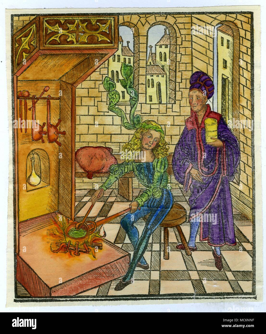 Gravure sur bois représentant un apothicaire la préparation de médicaments pour un médecin. De Hieronymus Brunschwig, Vergift "Buch der der Pestilenz', 1500. Banque D'Images