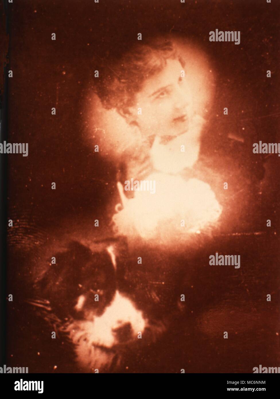 Photos de l'esprit d'un chien et est l'ancien propriétaire, prises à Los Angeles par le photographe psychiques, Wyllie, en 1897. La mauvaise qualité de la surface est due à la qualité de il plaque de verre, qui est très pauvre. Banque D'Images