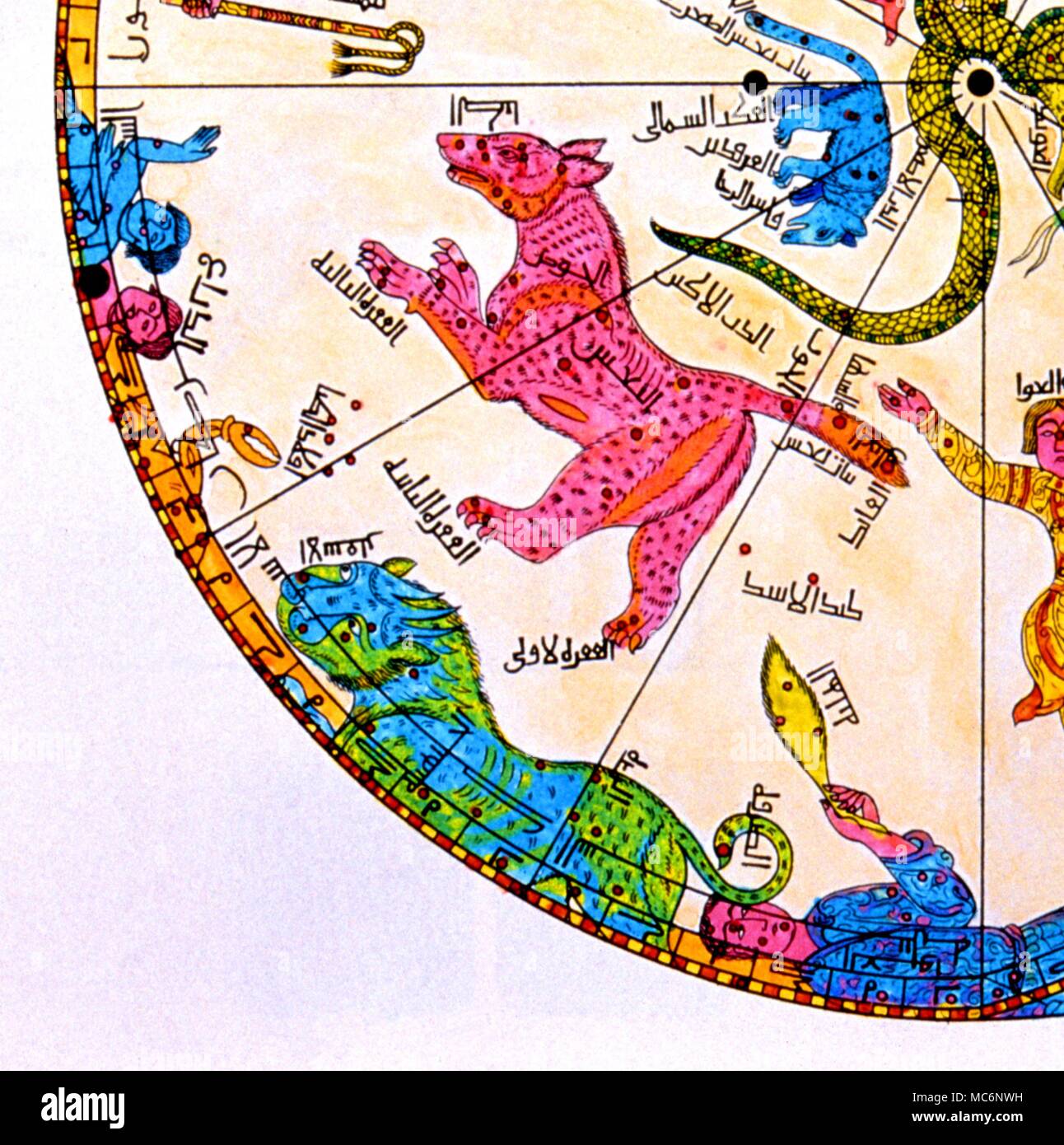 Copie du xixe siècle d'une ancienne carte du ciel - quadrant entre les Gémeaux et La Vierge. L'équivalent de la Great Bear [magenta] et orange et le moindre supporter [en bleu]. Banque D'Images