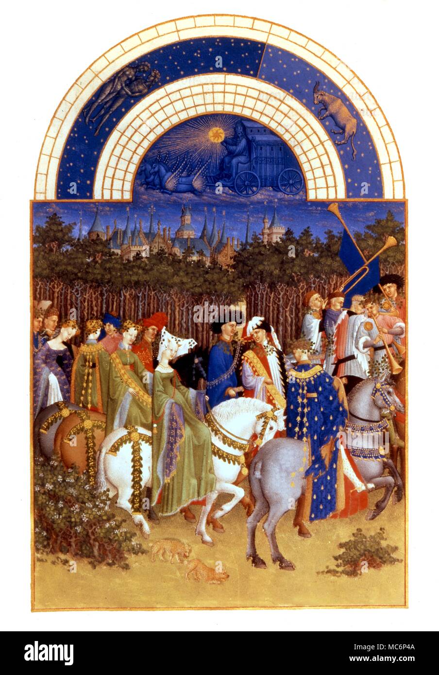 Le mois du taureau et des Gémeaux, avec une foule aristocratique la campagne d'échantillonnage. Détail de la '' tres Riches Heures du Duc de Berri. Peintes par les frères de Limbourg. 2004 Charles Walker / Banque D'Images